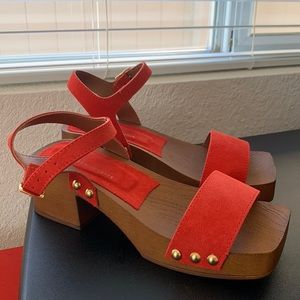 Anthropologie Red Suede Sandals Strap Wood Platform Block Heel 7